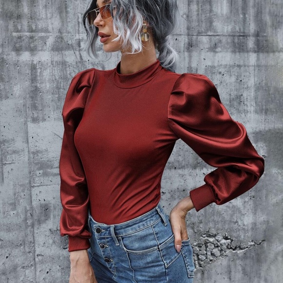 baby blue Ribbed long sleeve puff top fall - Picture 10 of 13